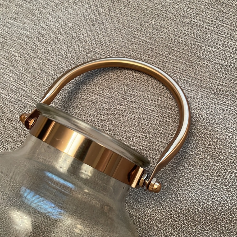 Large Unique Clear Glass Vase or Lantern with Rose Gold Copper Like Handle - Picture 5 of 12